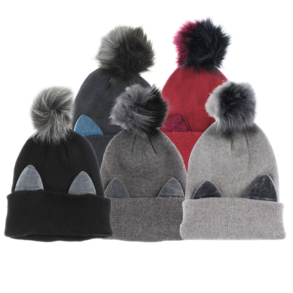 Touca Infantil Gorro Menino Menina Tricotado Quente Fashion Com Pompom e Orelha de Gato na Dobra