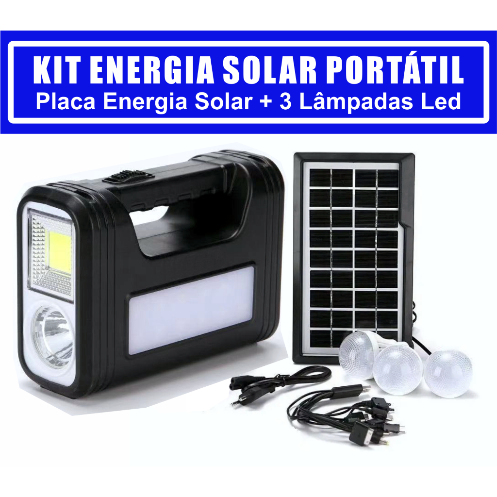 Kit Gerador Energia Solar Bateria 3 Lâmpadas Led Lanterna Placa Solar PowerBank Pescaria Camping