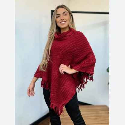 Blusa Poncho Lã feminino, inverno, frio, outono Sobretudo Tricot pesado, detalhes Franja e Touca Capuz Tricô