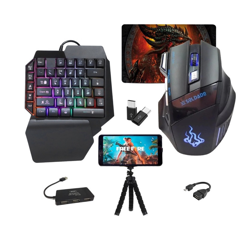 Kit Gamer Mouse E Teclado com fio One Hand + Kit Cel Mobilador + Mouse Pad