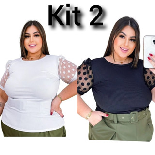 Kit 2 Plus Size Manga Curta Tule Bufante Poa Bolinha Princesa
