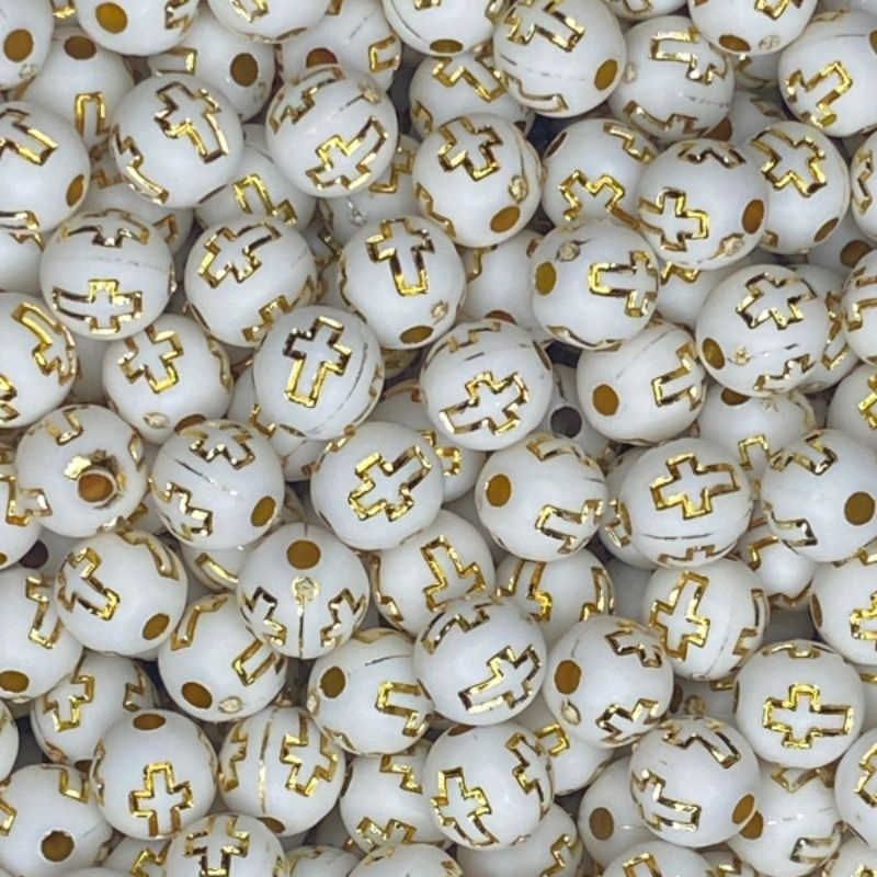 Miçanga Bola Com Cruz - Branco/Dourado - Aprox 200 pçs em Oferta na Shopee