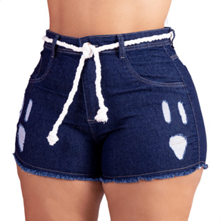 Short Plus Size Jeans Feminino Cintura Alta Com Lycra Barra Desfiada Destroyed Levanta Bumbum Com Elastano