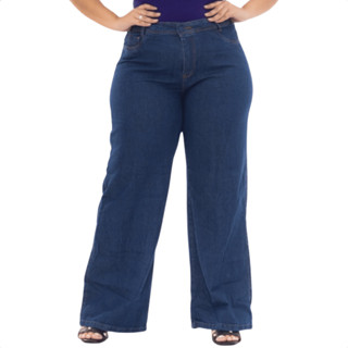 Calça Jeans Plus Size Feminina WIde Leg Cintura Alta Levanta Bumbum Sem Lycra