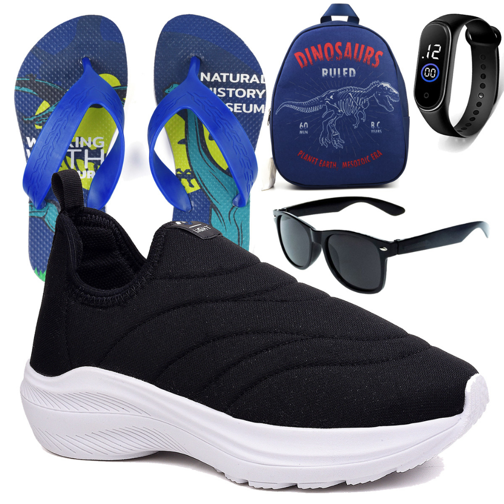Tenis Infantil Menino e Menina Calce Facil Preto e Branco e Mochila Chinelo Óculos e Relógio Atacadão Divinopolis