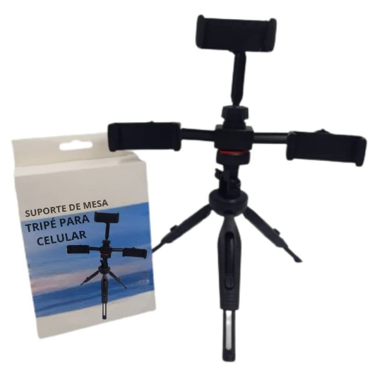 Tripé De Mesa Para Live Simultânea Suporte Com Multi Clip 3 Em 1 Live 360º Para 3 Celulares