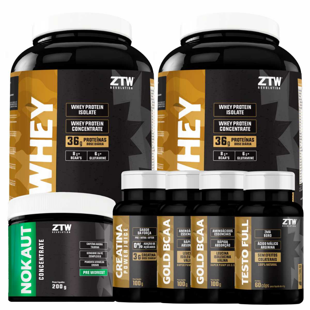 Kit x2 Whey Protein 900g + x2 BCAA 100g + x1 Creatina 100g + x1 Testo Full, 60 cáps + x1 Nocaute, 200g