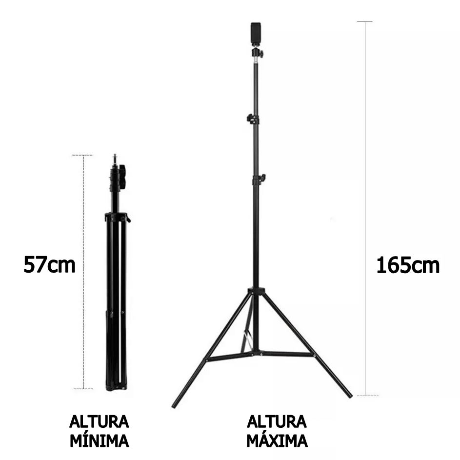 TRIPÉ PROFISSIONAL 1,60M PARA CÂMERA CELULAR ILUMINAÇÃO LED AJUSTÁVEL METÁLICO ROSCA PONTA 1/4