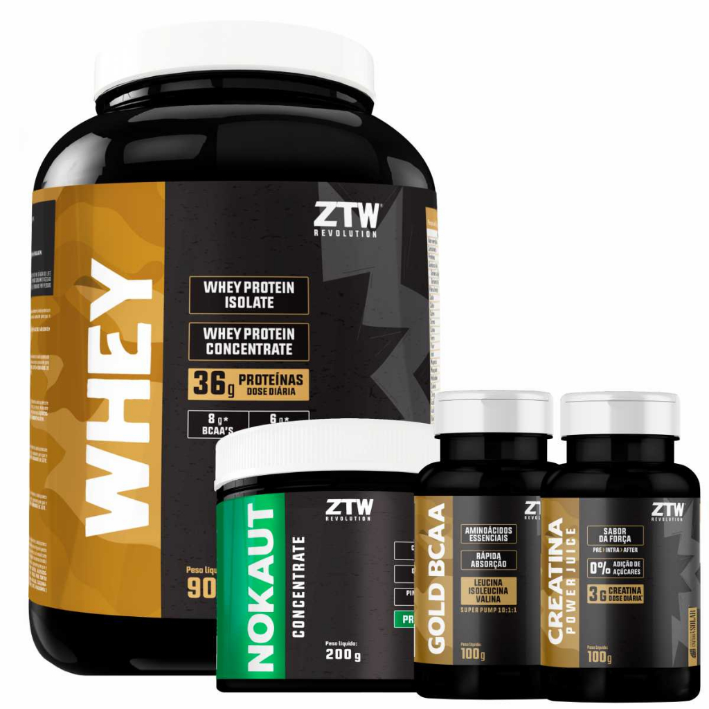 Kit Whey 900g + BCAA 100g + Creatina 100g + Nocaute 200g