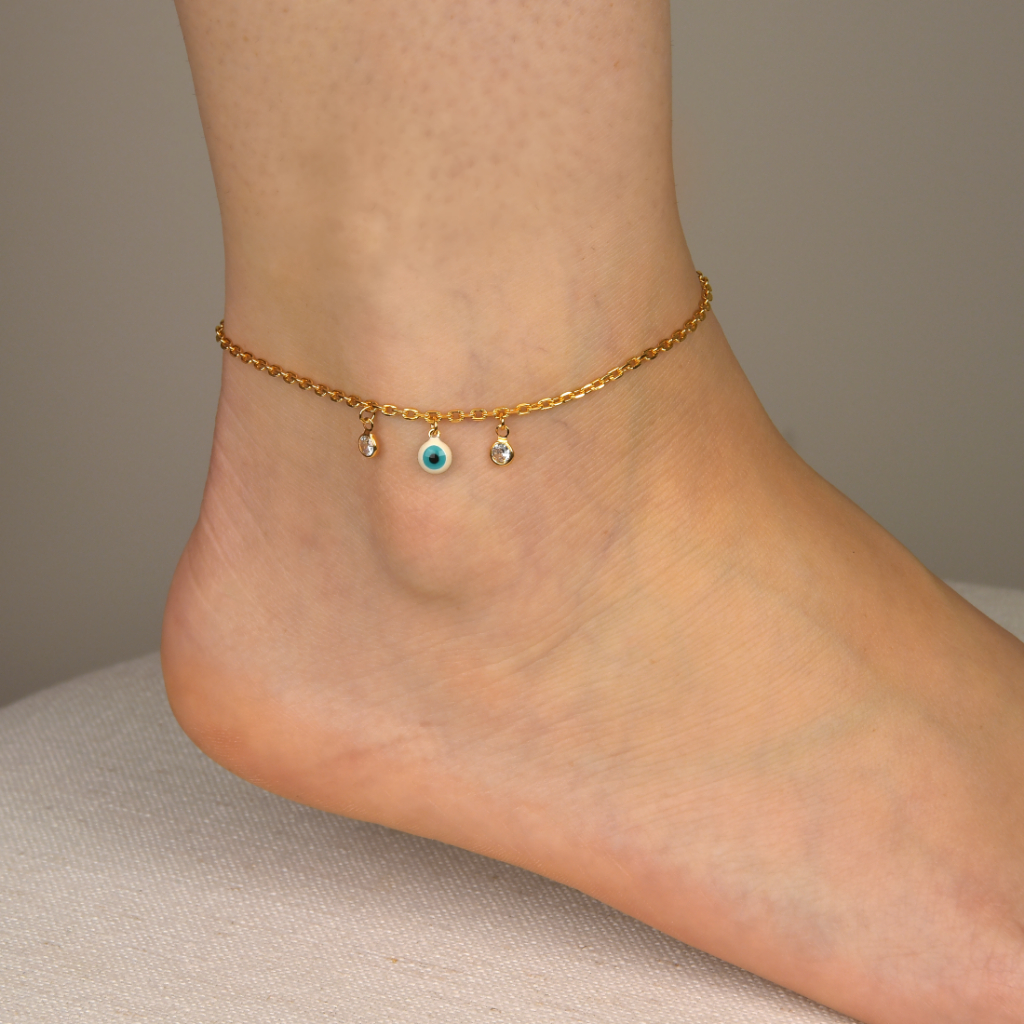 Tornozeleira Feminina Dourada Folheada a Ouro 18k Olho Grego Semijoia Delicada