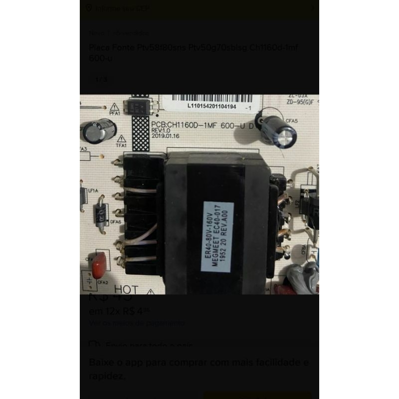 Placa fonte ch1160d 1mf tv50 Philco