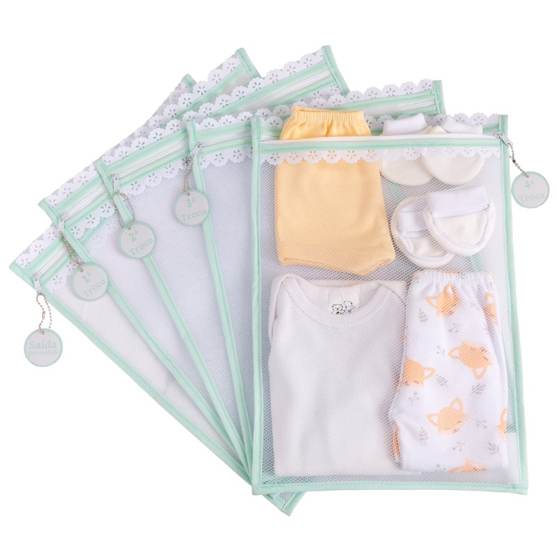 Kit c/ 5 Saquinhos Maternidade Organizadores para Bolsa Maternidade em TULE SUPER GROSSO + TAGS EM ACRÍLICO ( VERDE BEBÊ ) em Oferta na Shopee
