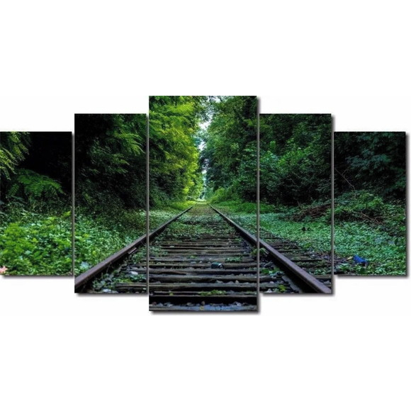 Quadros Decorativo Mosaico 5 peças Sala Quarto Mdf Alta Resolução Full HD  Paisagem Trilho Do Trem