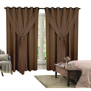 Cortina Corta Luz 2,00m X 2,40m 100% Blackout Com Voil Tabaco Para Sala Ou Quarto Varão Simples
