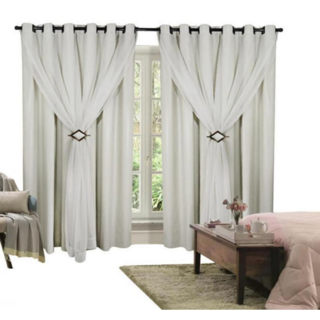 Cortina Corta Luz 3,00m X 2,80m 100% Blackout Com Voil Branco Para Sala Ou Quarto Varão Simples