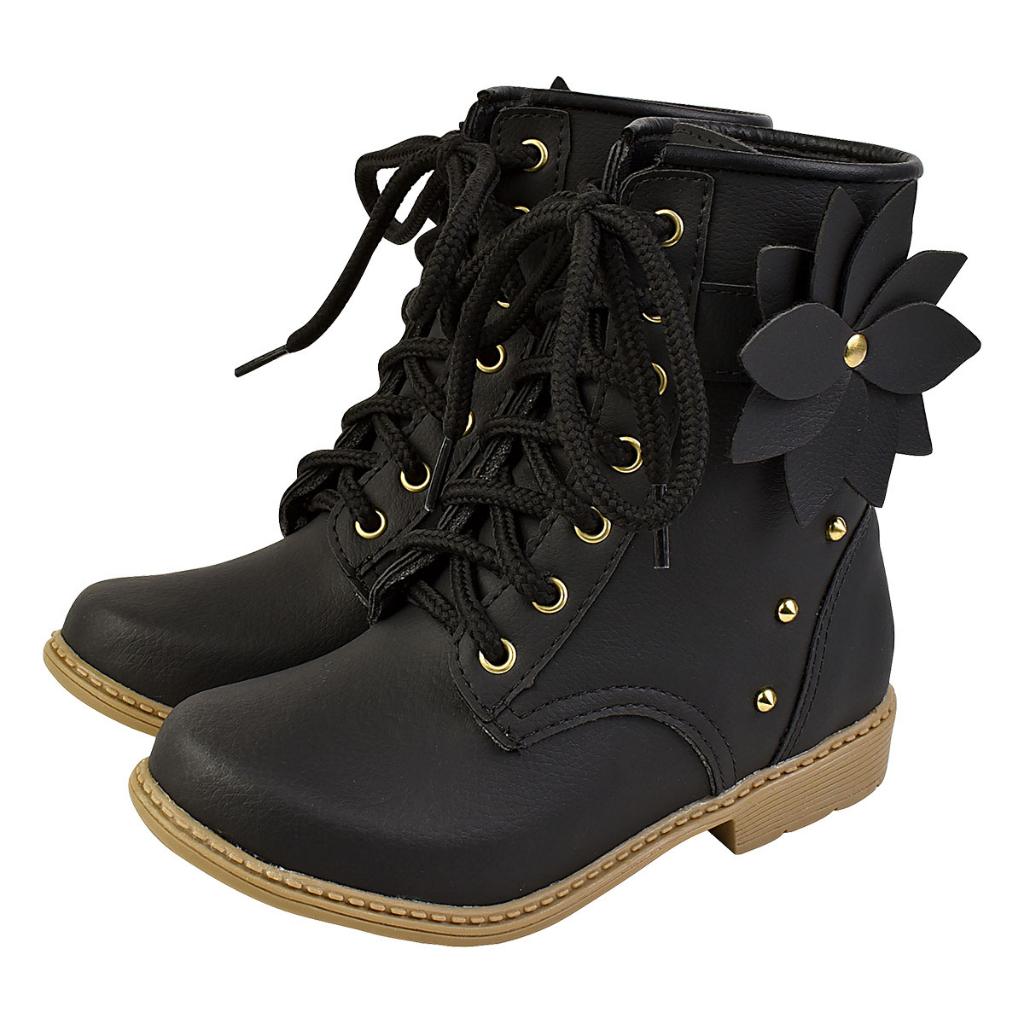Bota Coturno Infantil Menina Flor e Cadarço Preto