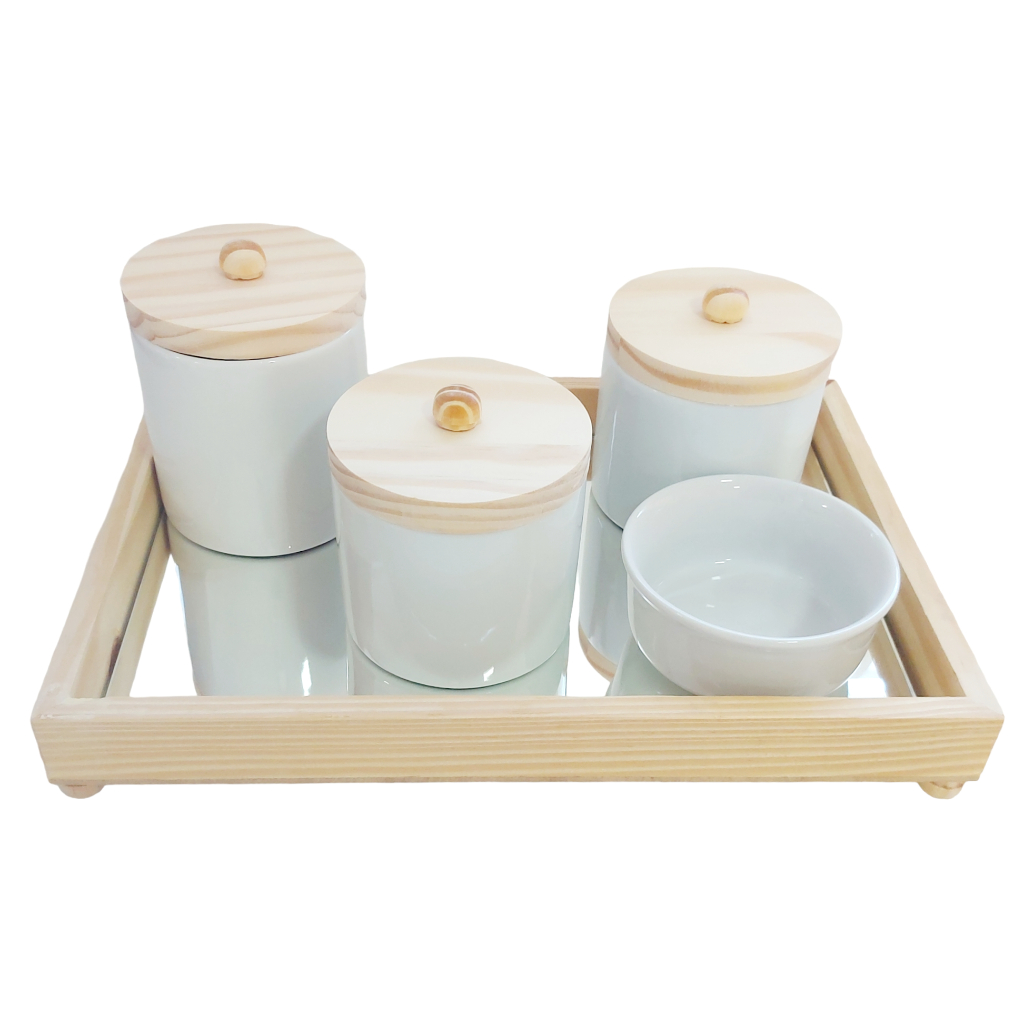 Kit Higiene Bebê Porcelana Menino Menina Potes Molhadeira Bandeja Espelhada Retangular Espelhada.