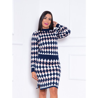 Conjunto Tricot - Tricô feminino saia com fenda e blusa manga longa inverno