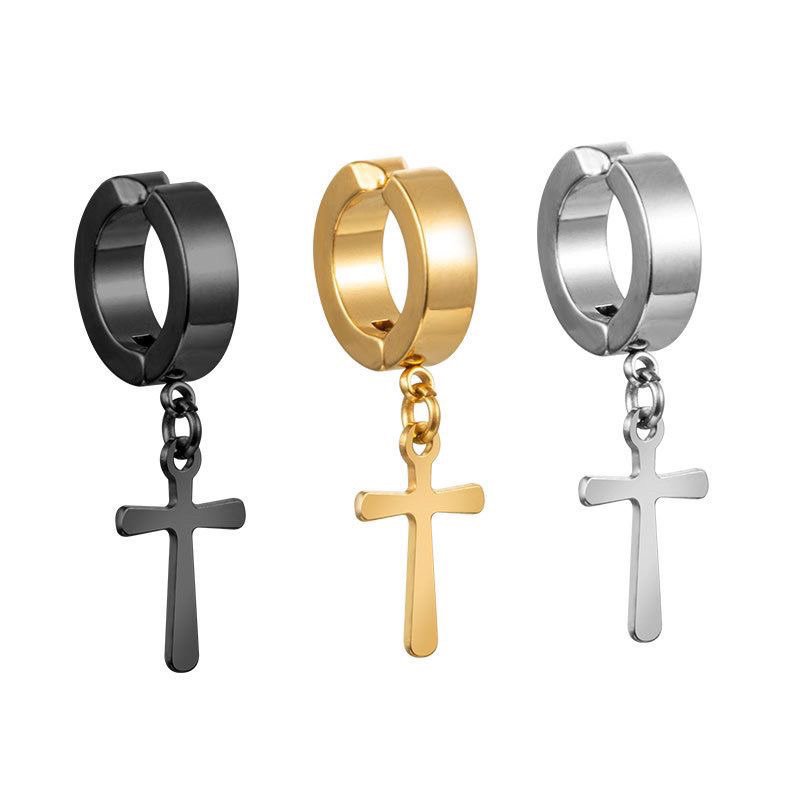 Brinco Pressão cruz crucifixo Argola Não Precisa Furo  prata preto masculino feminino Aço inox