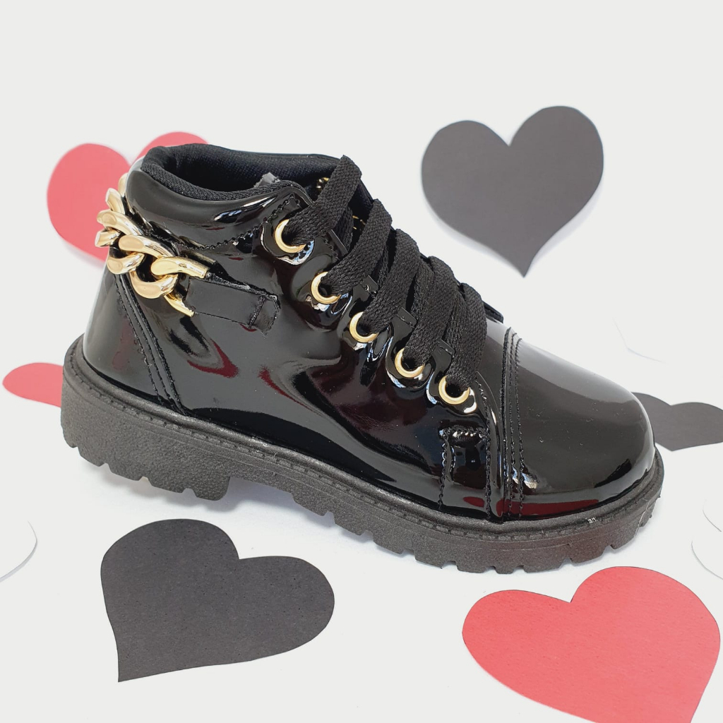 Bota Infantil Menina Preto Confortável Com Corrente Coturno Criança