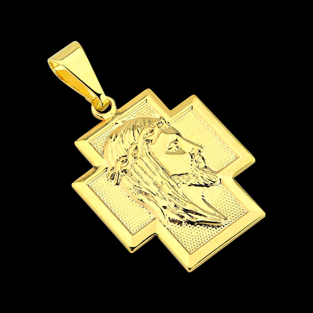Pingente Masculino Placa Cruz Com Face de Jesus Cristo Banhado a Ouro 18k