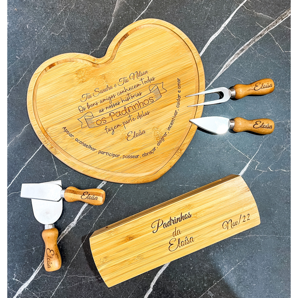 Convite para Padrinhos Personalizado - Kit para queijo em Bambu/ Inox 5 Peças em Oferta na Shopee
