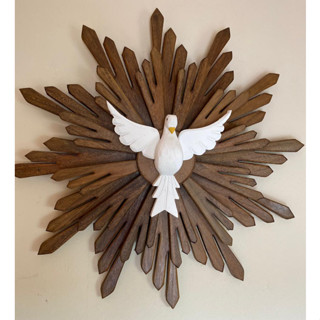 Lindo Resplendor do Divino Espirito Santo em madeira raios duplos 60 x 60 cm -Artigos Religiosos - Católicos -Resplendor -Decoração