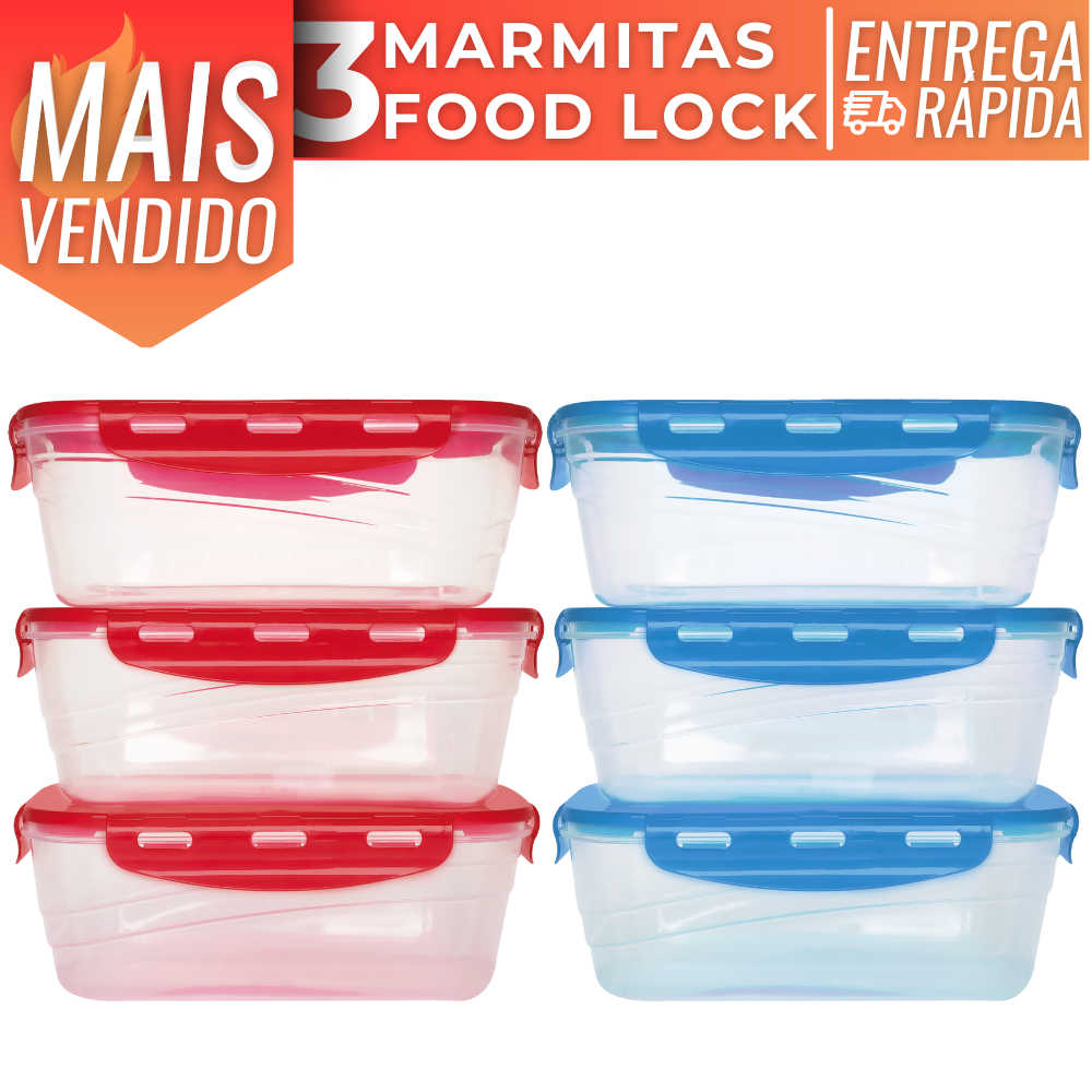Conjunto 6 Potes Plástico 1L Marmita Com Travas Herméticas Alta Vedação em Silicone Vai ao Freezer Micro-ondas Resistente BPA Free Comida Fitness Cozinha Casa Organização de Geladeira