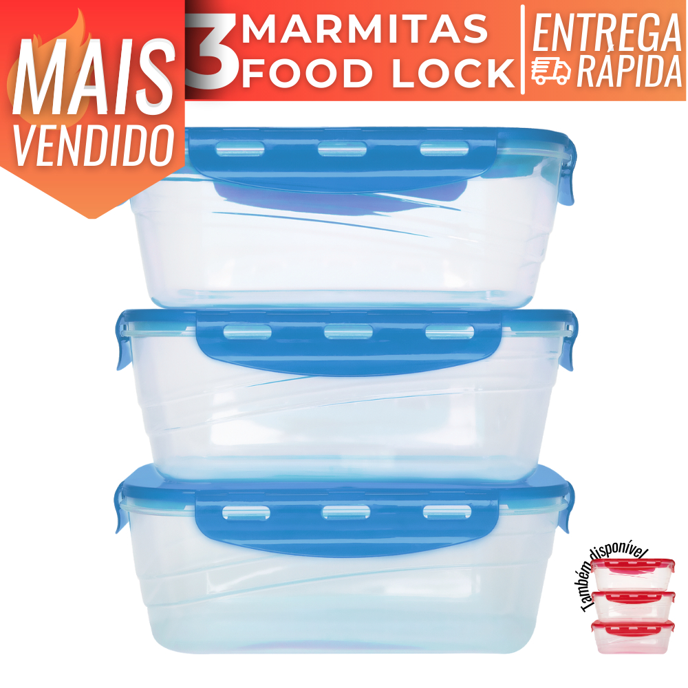 Conjunto 3 Potes Plástico 1L Marmita Com Travas Herméticas Alta Vedação em Silicone Vai ao Freezer Micro-ondas Resistente BPA Free Comida Fitness Cozinha Casa Organização de Geladeira