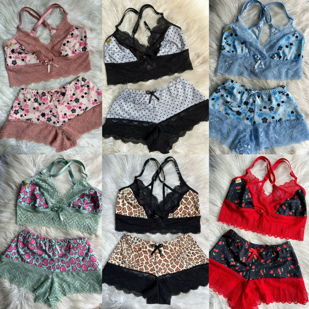 KIT 5 Pijama Baby Doll Cropped Short Dool De Renda