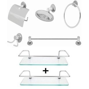 Combo 7 Itens Kit de acessórios 5 peças e 2 Porta Shampoo Reto CROMADO