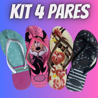 Kit 4 pares Chinelo Feminino Sortidos Adulto Estampado Slim Sandália