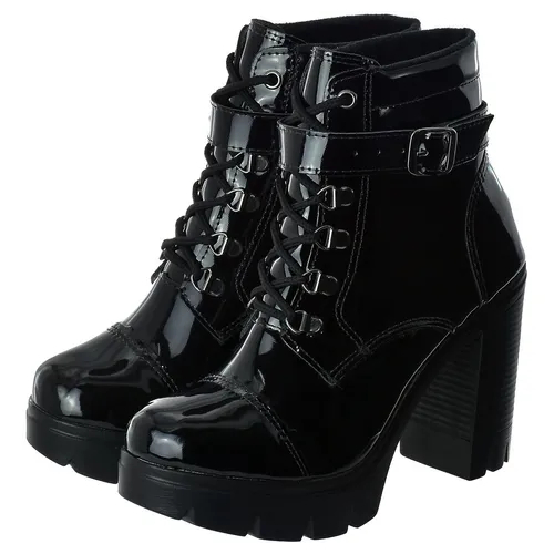 Coturno Salto Tratorado Plataforma Detalhe Em Fivela Verniz