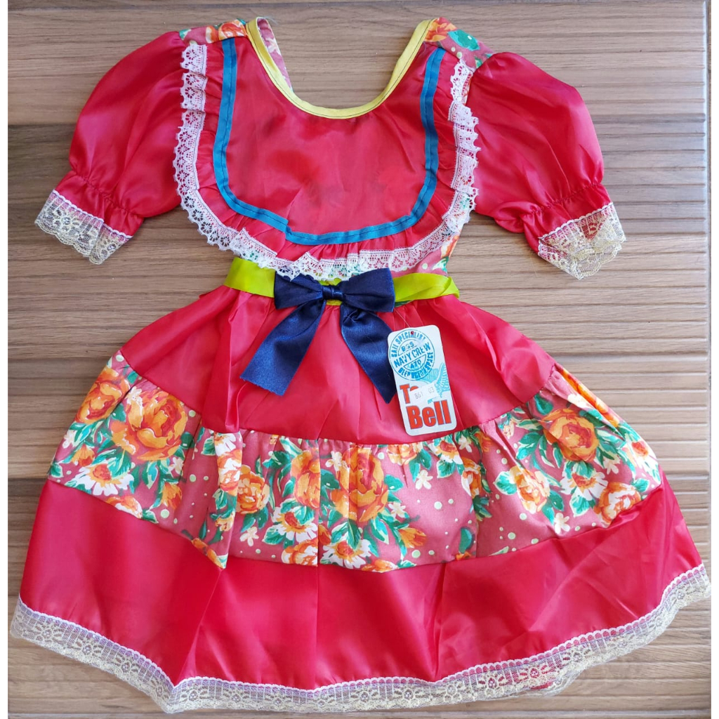 Vestido Infantil Estampado Xadrez Vermelho e Branco Com Aplicação