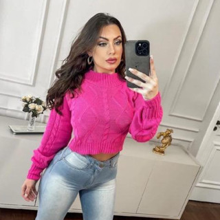 Blusa de Frio Cropped Tricot Manga Longa Trancinha Inverno