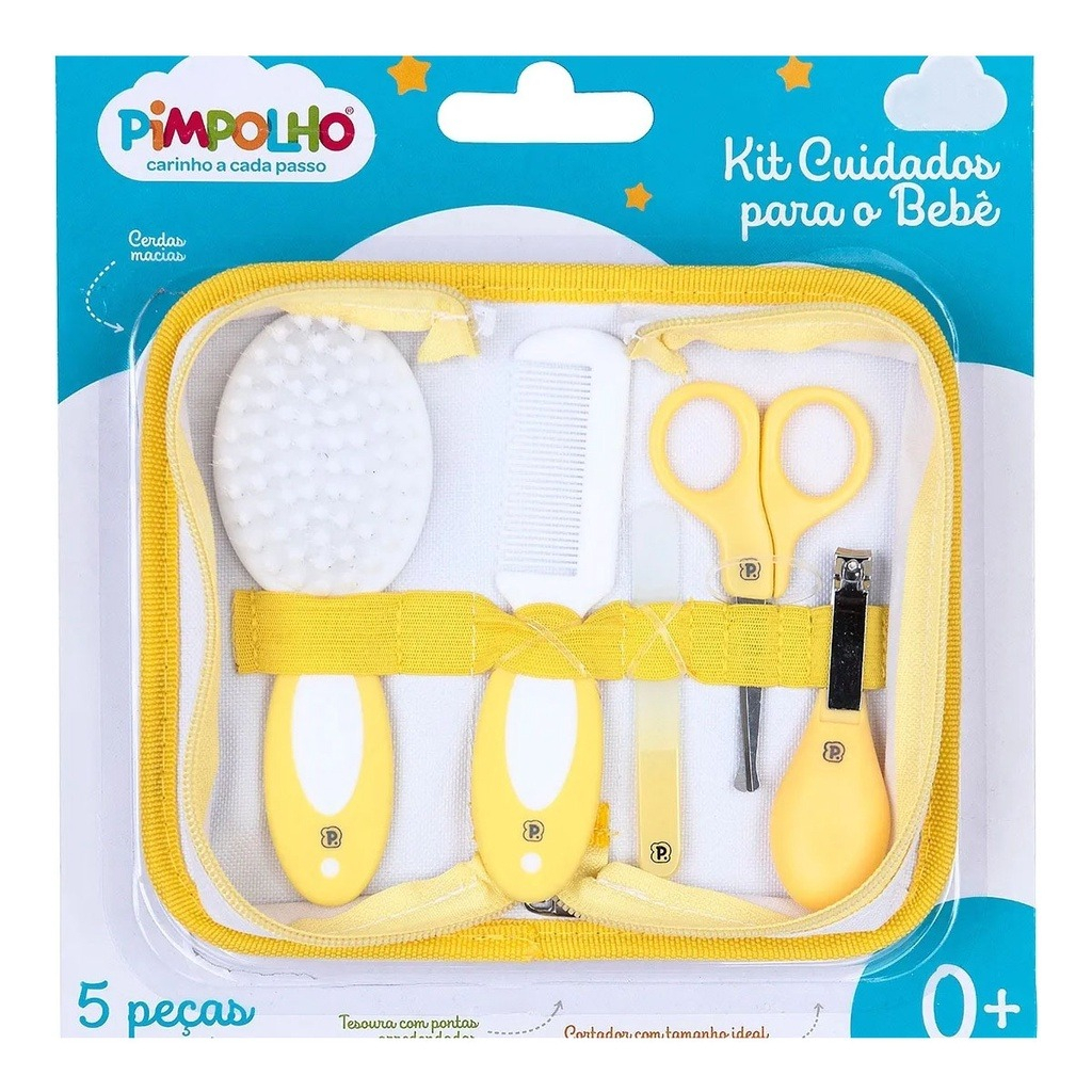 Kit Higiene Cuidados Com O Bebê  Pimpolho 5 Peças Com Estojo Tesourinha Escova Pente Cortador de Unhas