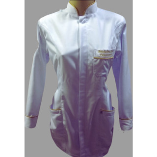 jaleco feminino gola padre botão embutido, punho de botão tecido gabardine