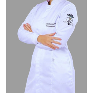 jaleco feminino gola padre botão embutido gabardine com bordados