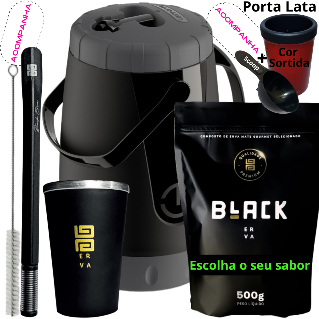 Kit Tereré Garraga Pávia + Black Erva Mate 500g + Copo Térmico de Alumínio Bomba Inox Mola Quadrada