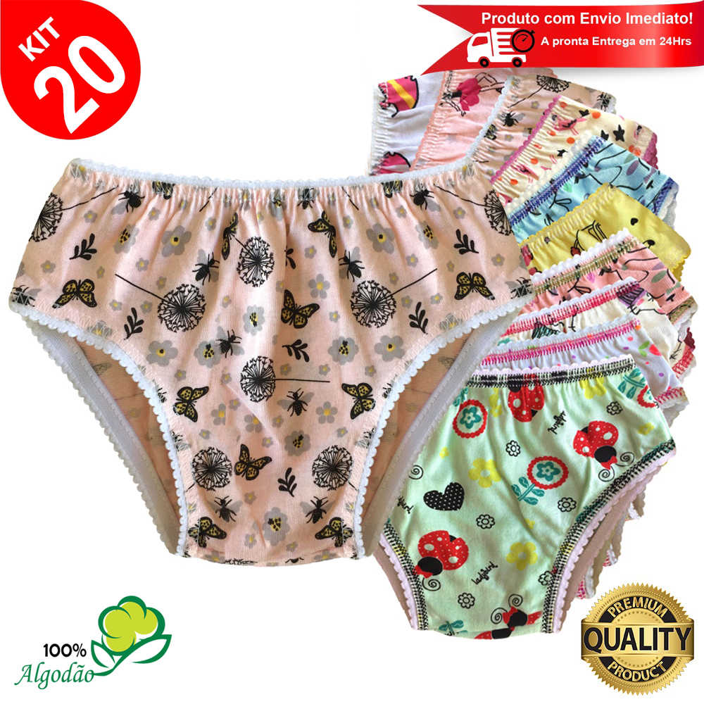 Kit 20 Calcinhas Infantil Algodão Estampada Elastico Leve Atacado