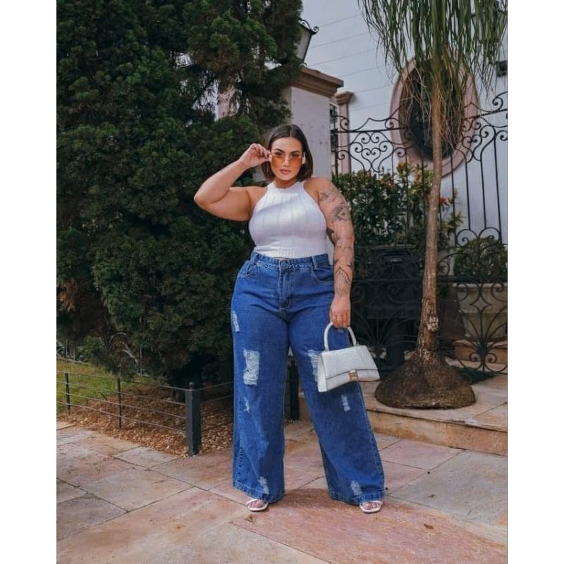 Calça Jeans Wide Leg Plus Size Wid Leg Clara PantalonaJeans Calça Plus Lisa e Rasgada 46 / 56