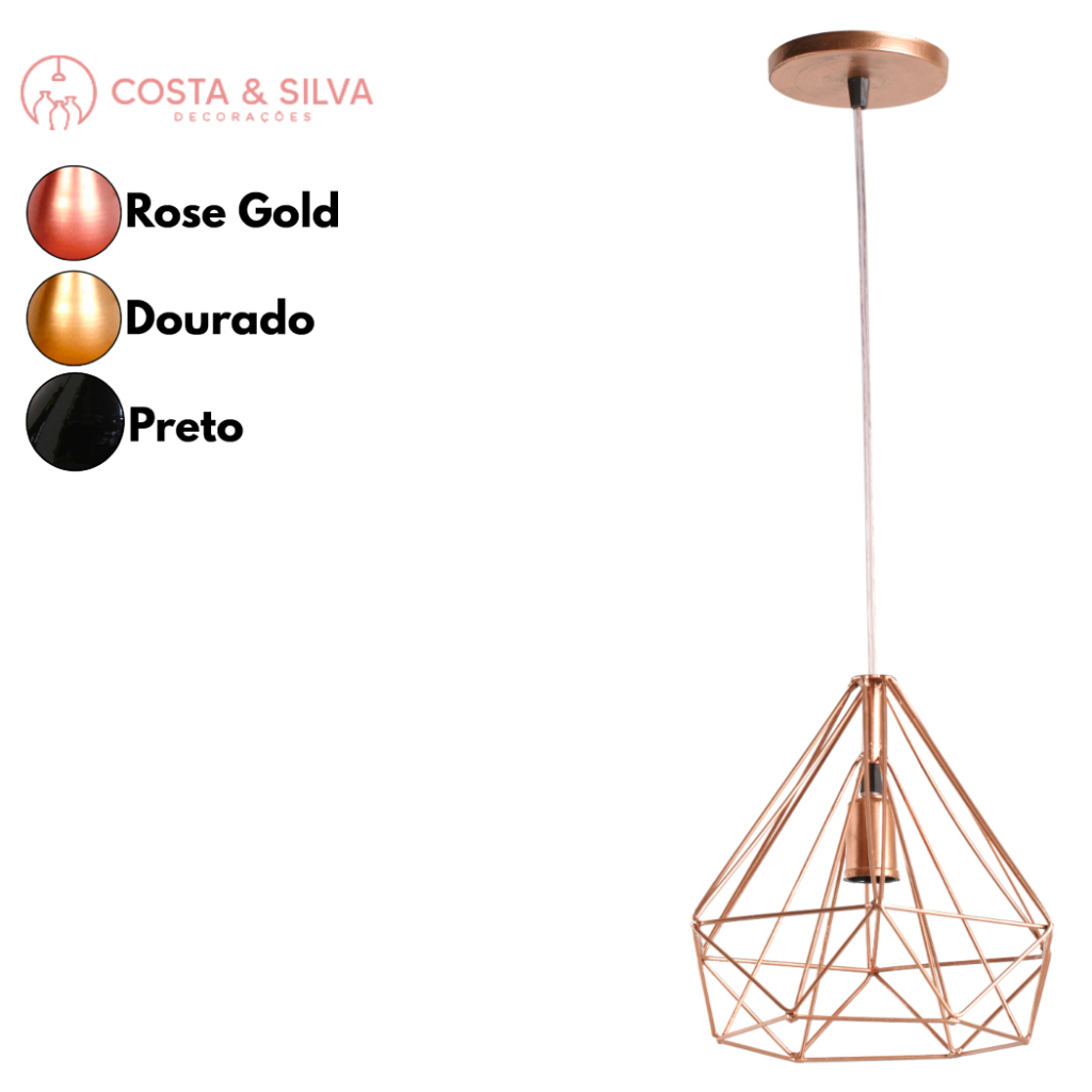 Pendente Diamante Aramado 3d Grande Lustre de Teto Luminária Estilo Industrial Cabo Cristal