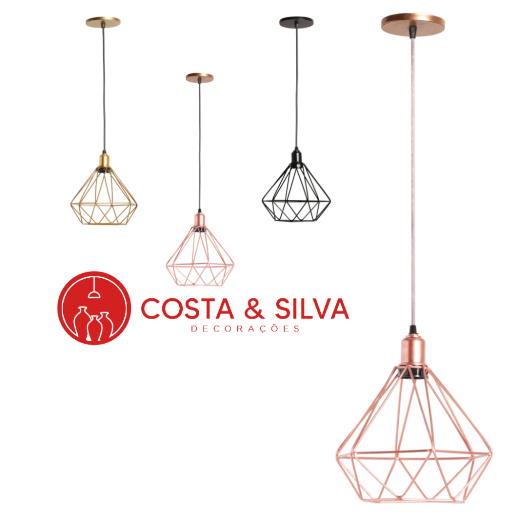 Pendente Diamante Aramado Lustre de Teto Luminária Cabo Cristal 2 Metros