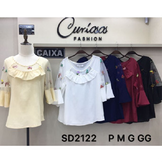 Blusa Feminina manga 3/4 flare detalhe tule florido com babado2122