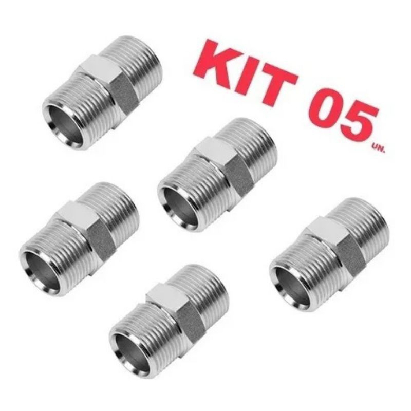 Nipel  Niple Adaptador Conector Rosca 1/2x1/2 duplo Sextavado Inox 304 Metal Cromado kit 05 Unidade
