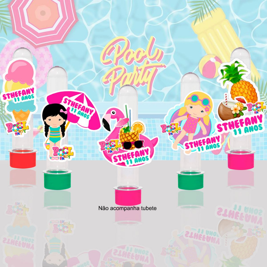 Tag Aplique para Tubete Pool Party Tardezinha Lembrancinha Aniversário Festa na Piscina Personalizado