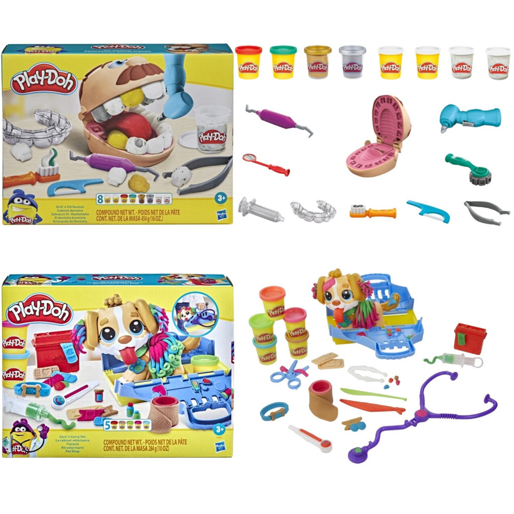 KIT COM 2 MASSINHAS PLAY DOH BRINCANDO DE DENTISTA E PLAY DOH VET SET