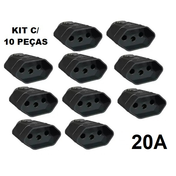 Kit c/ 10 Peças Plug Fêmea para Extensão Elétrica 2p+T 20A Preto Serve Pino 10A e 20A Prensa Cabo 2P+T 20a PT