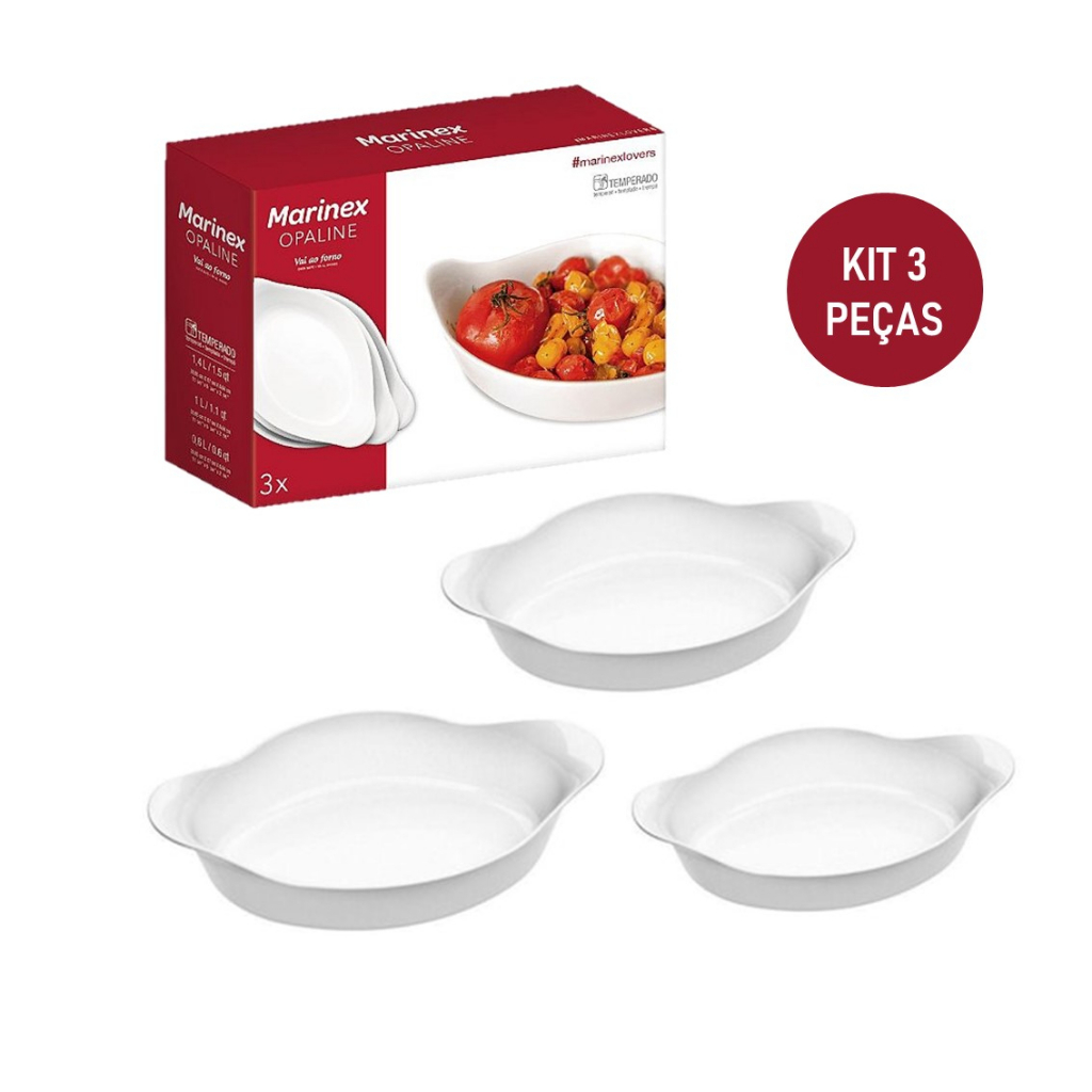 Conjunto de Assadeiras Ovais 3 Peças Marinex Opaline Vidro Branco Temperado Jogo Kit