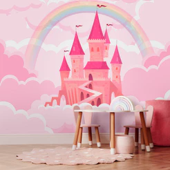 Papel De Parede Personalizado Castelo Princesas Com Arco-Íris Decoração Quarto Menina